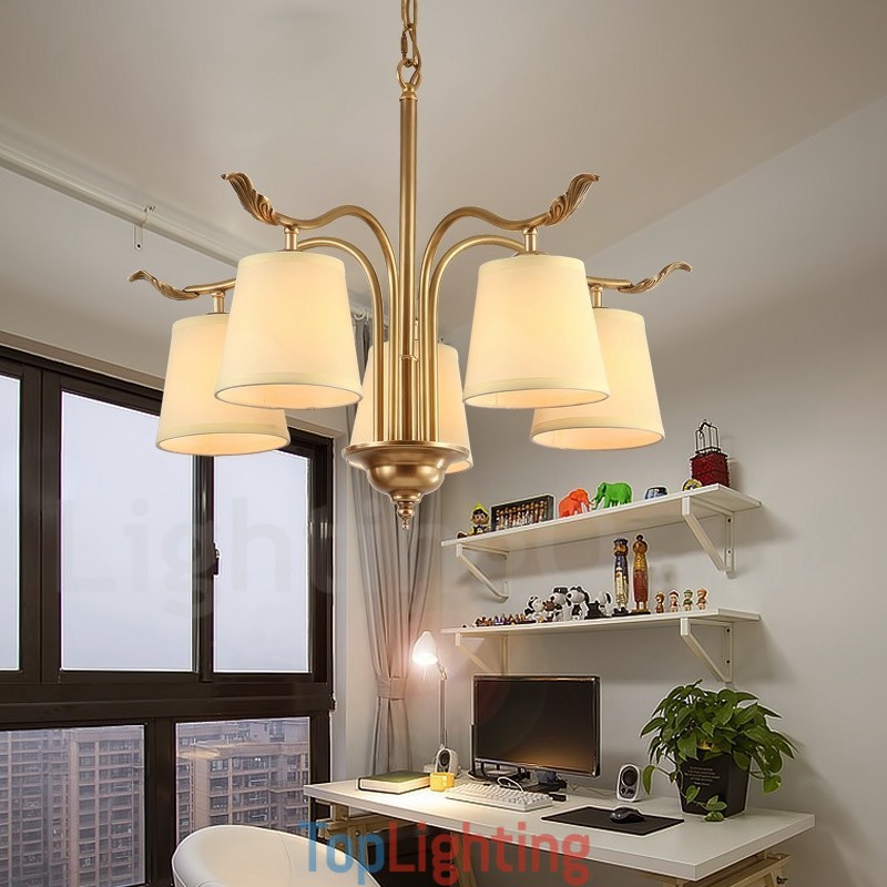 5 Light Retro Rustic Luxury Brass Pendant Lamp Chandelier with Fabric Shade