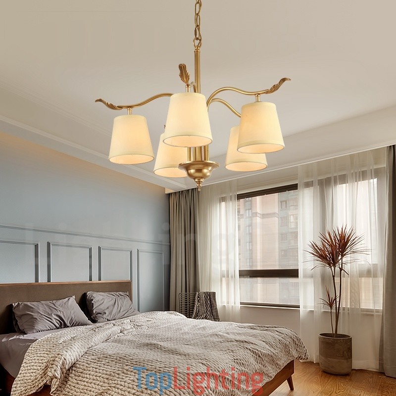 5 Light Retro Rustic Luxury Brass Pendant Lamp Chandelier with Fabric Shade