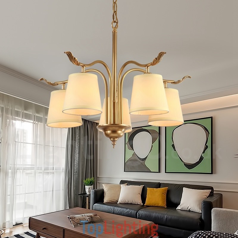 5 Light Retro Rustic Luxury Brass Pendant Lamp Chandelier with Fabric Shade