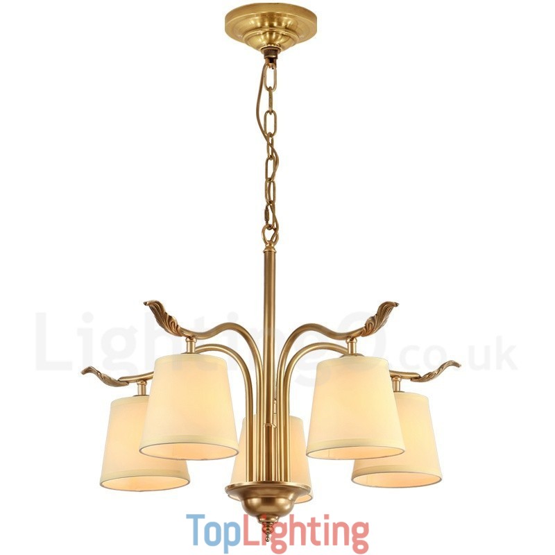 5 Light Retro Rustic Luxury Brass Pendant Lamp Chandelier with Fabric Shade
