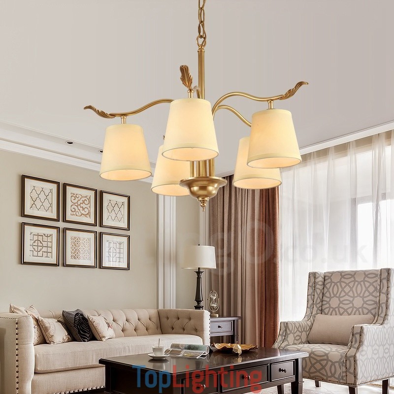 5 Light Retro Rustic Luxury Brass Pendant Lamp Chandelier with Fabric Shade