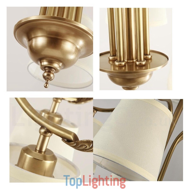 5 Light Retro Rustic Luxury Brass Pendant Lamp Chandelier with Fabric Shade