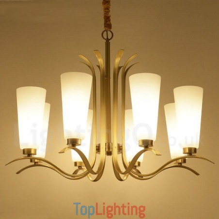 8 Light Retro Rustic Luxury Brass Pendant Lamp Chandelier with Glass Shade