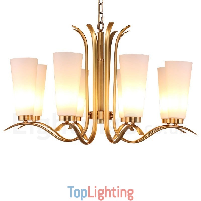8 Light Retro Rustic Luxury Brass Pendant Lamp Chandelier with Glass Shade