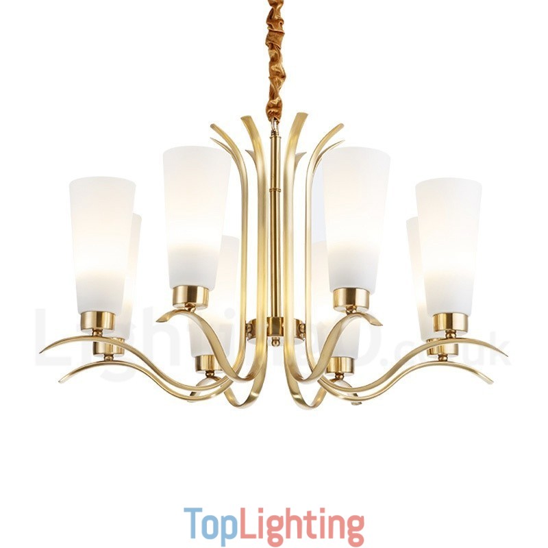 8 Light Retro Rustic Luxury Brass Pendant Lamp Chandelier with Glass Shade