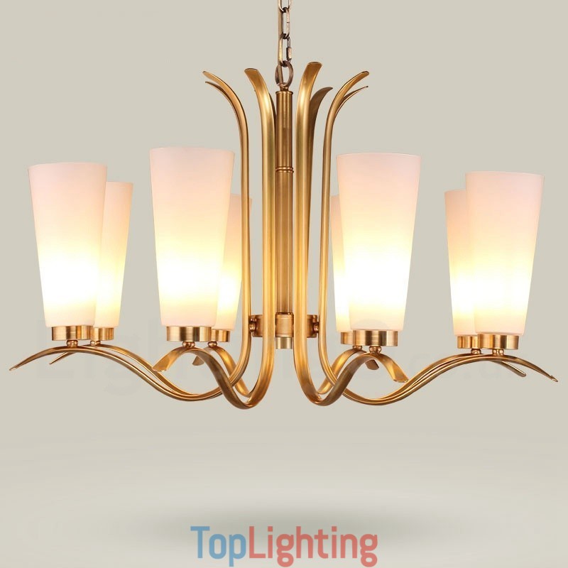 8 Light Retro Rustic Luxury Brass Pendant Lamp Chandelier with Glass Shade