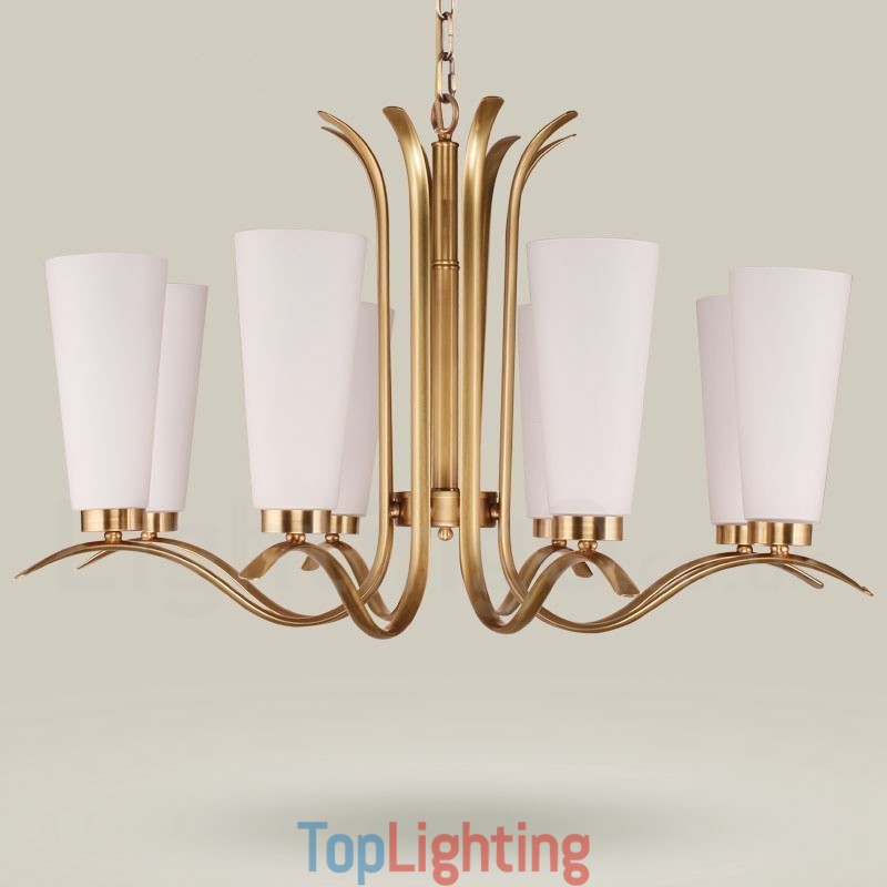 8 Light Retro Rustic Luxury Brass Pendant Lamp Chandelier with Glass Shade