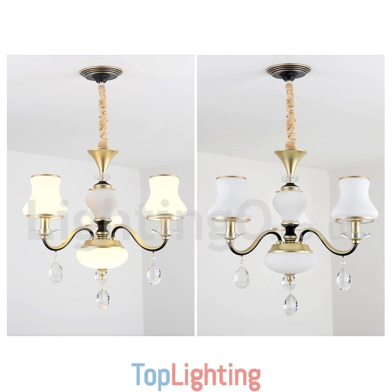 3 Light Retro Rustic Luxury Crystal Pendant Lamp Chandelier with Glass Shade