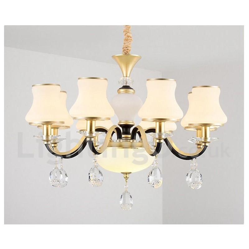 6 Light Retro Rustic Luxury Crystal Pendant Lamp Chandelier with Glass Shade