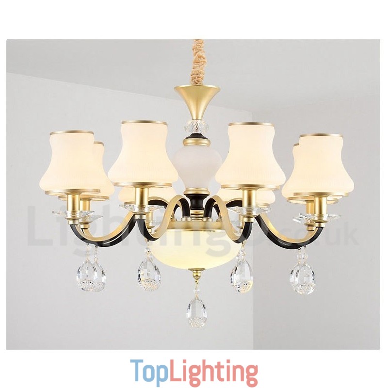 8 Light Retro Rustic Luxury Crystal Pendant Lamp Chandelier with Glass Shade