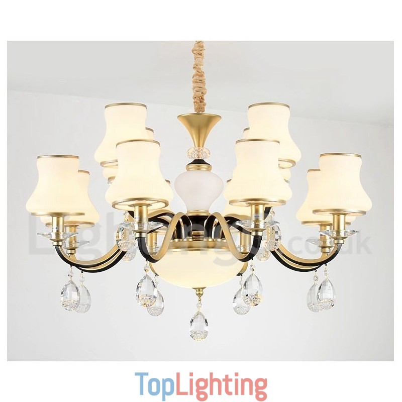 12 Light Retro Rustic Luxury Crystal Pendant Lamp Chandelier with Glass Shade