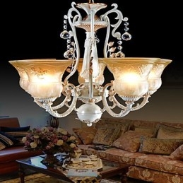 White Chandelier Five Lights Pattern Glass Shade Hand Gilt European Retro Classic