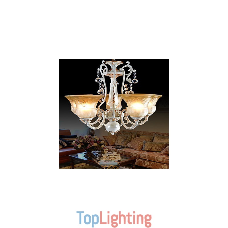 White Chandelier Five Lights Pattern Glass Shade Hand Gilt European Retro Classic