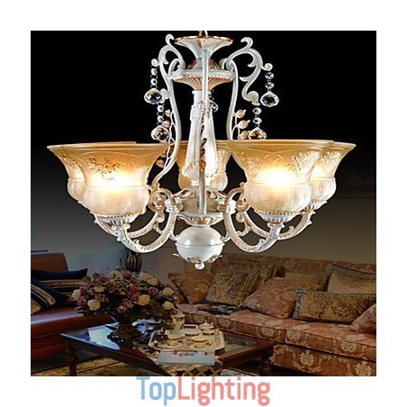 White Chandelier Five Lights Pattern Glass Shade Hand Gilt European Retro Classic