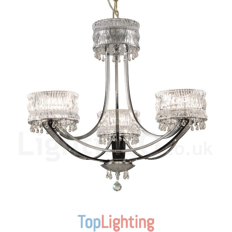 Modern Contemporary 3 Light Steel Chandelier with Crystal Shade