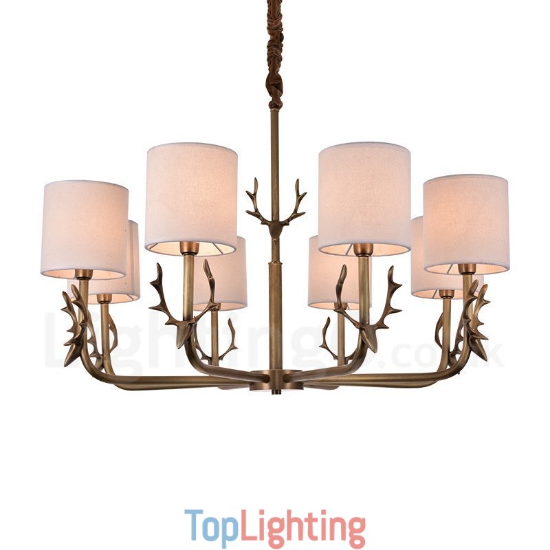 Rustic Lodge 8 Light Brass Chandelier with Fabric Shade