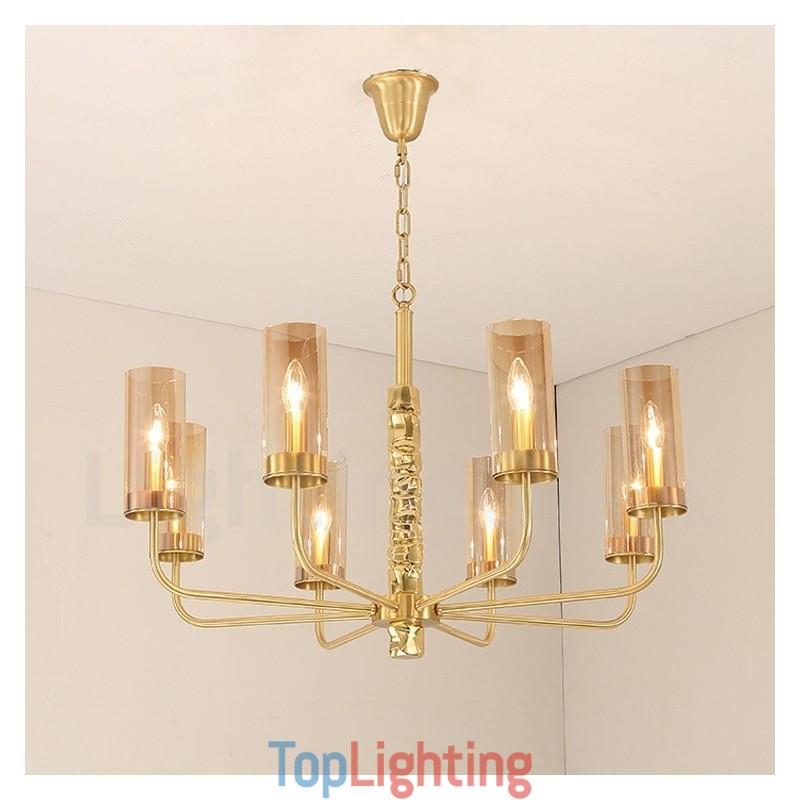 Modern Contemporary 8 Light Brass Chandelier with Glass Shade
