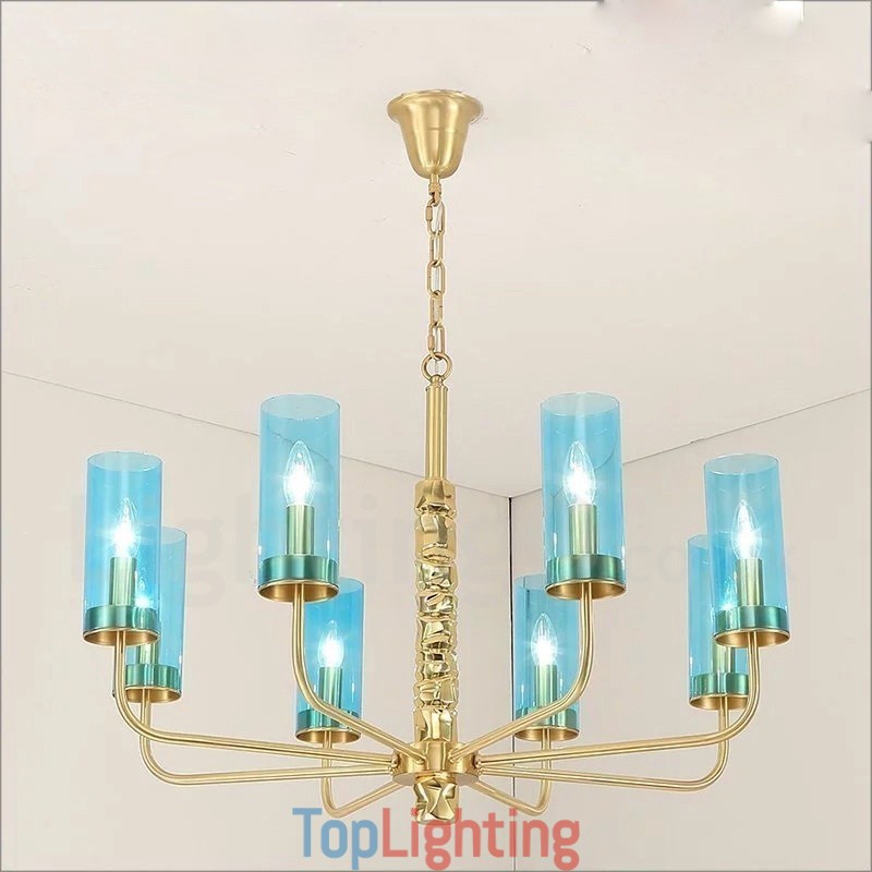 Modern Contemporary 8 Light Brass Chandelier with Glass Shade
