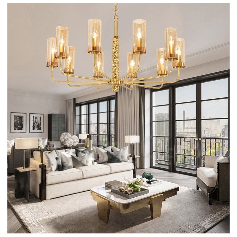 Modern Contemporary 10 Light Brass Chandelier with Glass Shade
