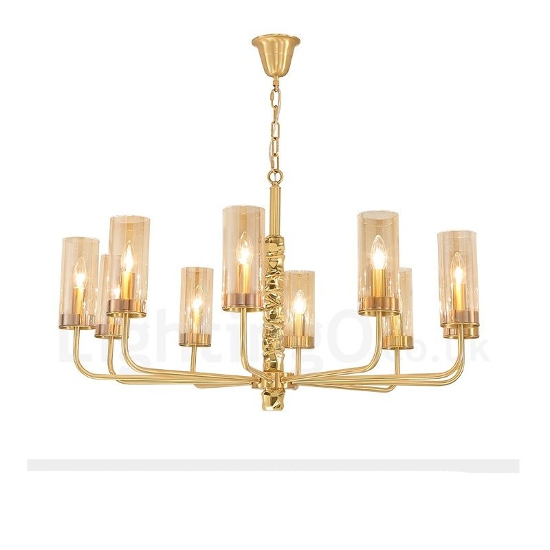 Modern Contemporary 10 Light Brass Chandelier with Glass Shade
