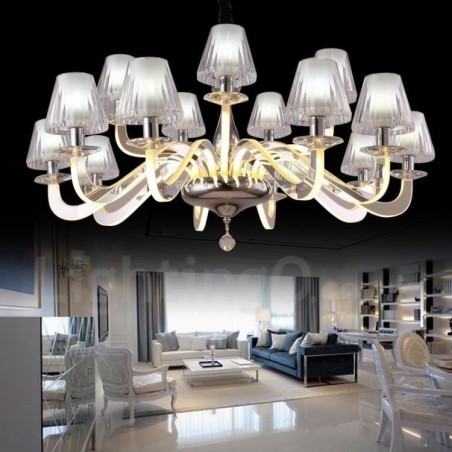 Dimmable Modern Contemporary 15 Light Steel Chandelier with Glass Shade Dimmable Modern Contemporary 15 Light Steel Chandelier with Glass Shade