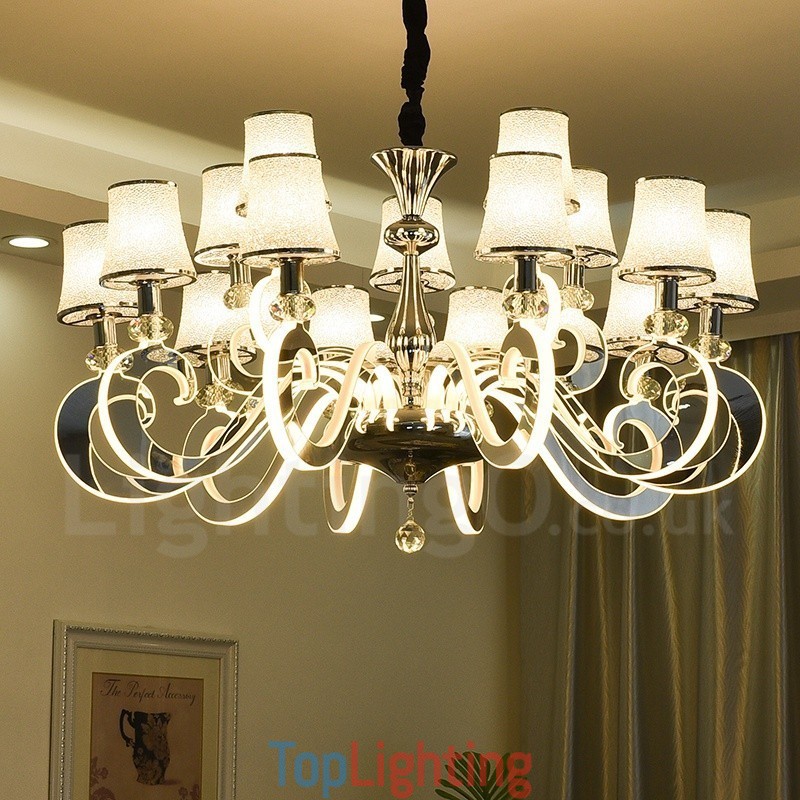 Dimmable Modern Contemporary 15 Light Steel Chandelier with Glass Shade