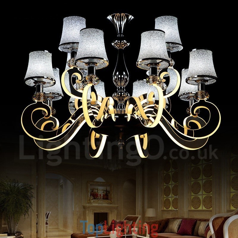 Dimmable Modern Contemporary 12 Light Steel Chandelier with Glass Shade