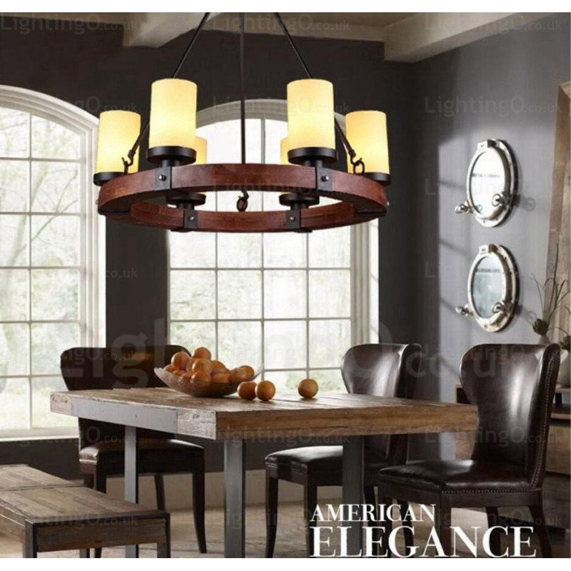 6 Light Country Rustic Pendant Light with Glass Shade