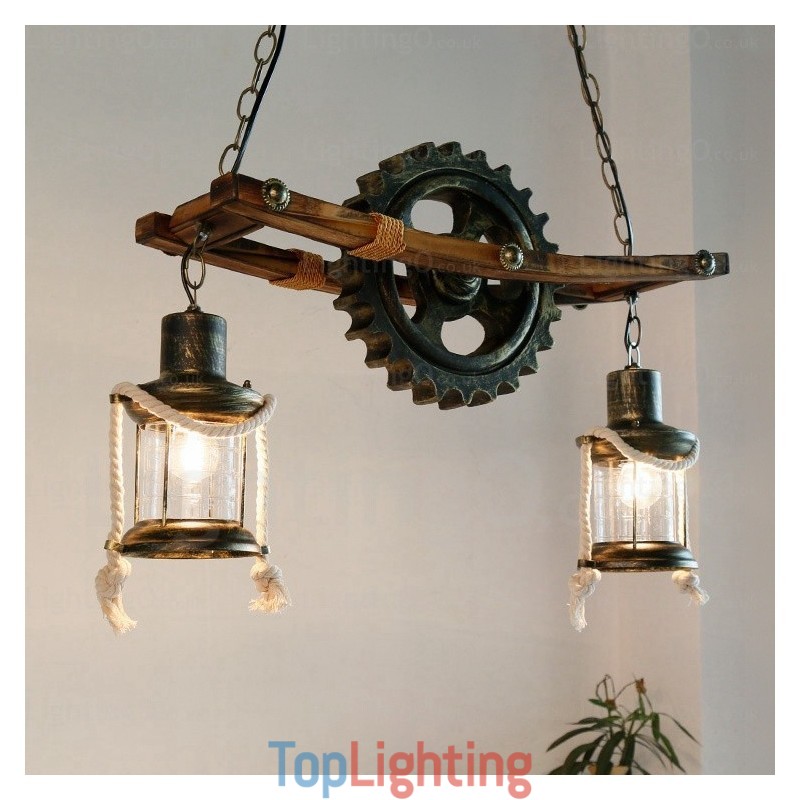 2 Light Country Rustic Vintage Retro Pendant Light with Glass Shade
