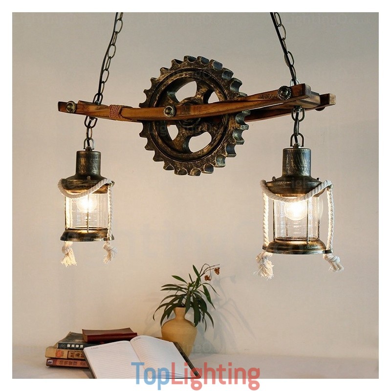 2 Light Country Rustic Vintage Retro Pendant Light with Glass Shade