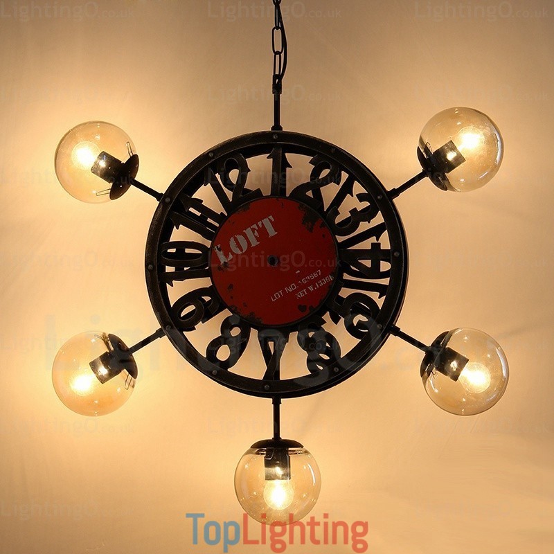 5 Light Vintage Retro Pendant Light with Glass Shade