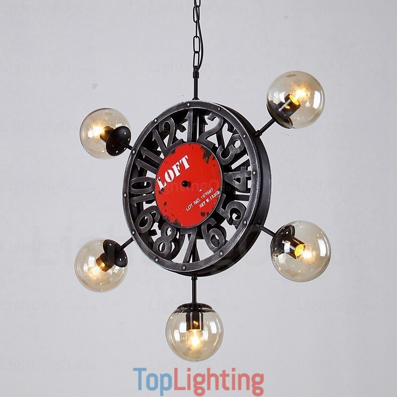 5 Light Vintage Retro Pendant Light with Glass Shade
