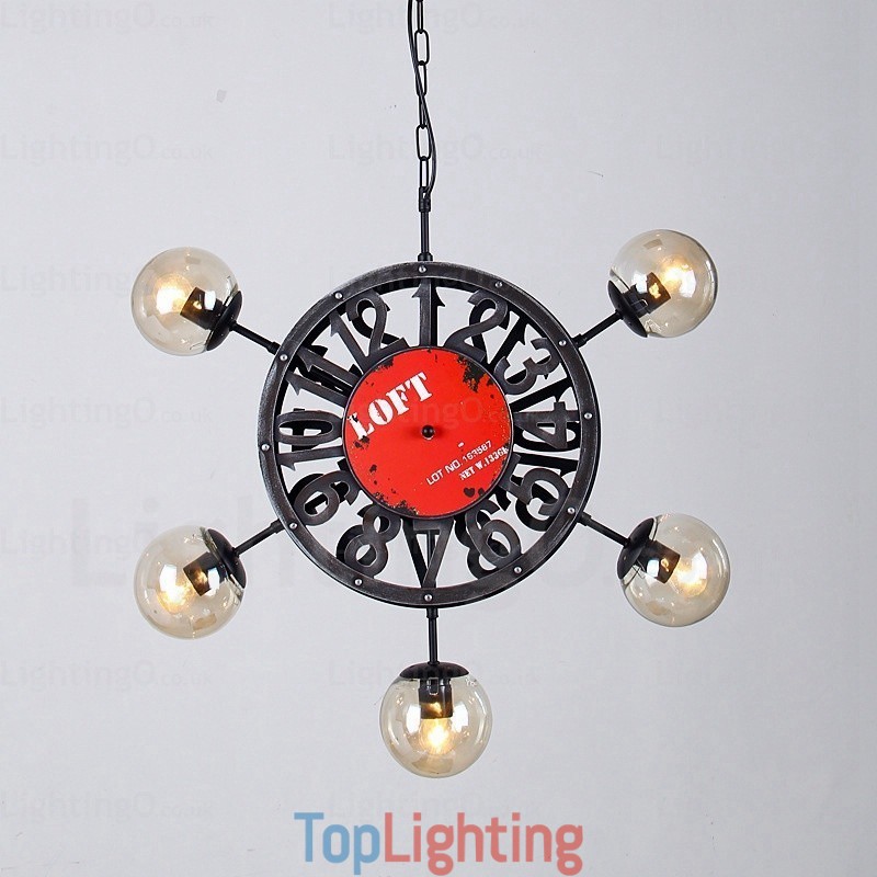 5 Light Vintage Retro Pendant Light with Glass Shade