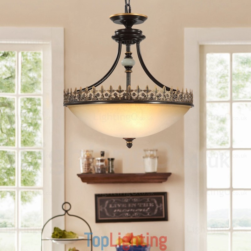 3 Light Country Rustic Pendant Light with Glass Shade