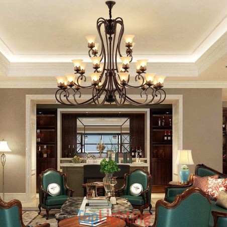 24 Lights High Ceiling Vintage Country Island Painting Metal Chandelier with Glass Shades Hight Ceiling
