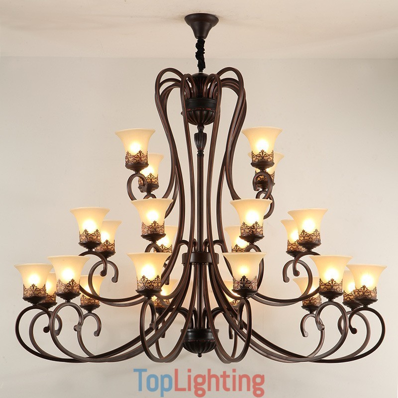 24 Lights High Ceiling Vintage Country Island Painting Metal Chandelier with Glass Shades Hight Ceiling