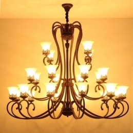24 Lights High Ceiling Vintage Country Island Painting Metal Chandelier with Glass Shades Hight Ceiling
