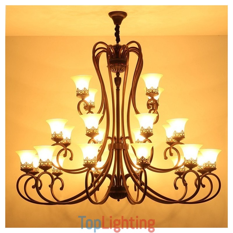 24 Lights High Ceiling Vintage Country Island Painting Metal Chandelier with Glass Shades Hight Ceiling
