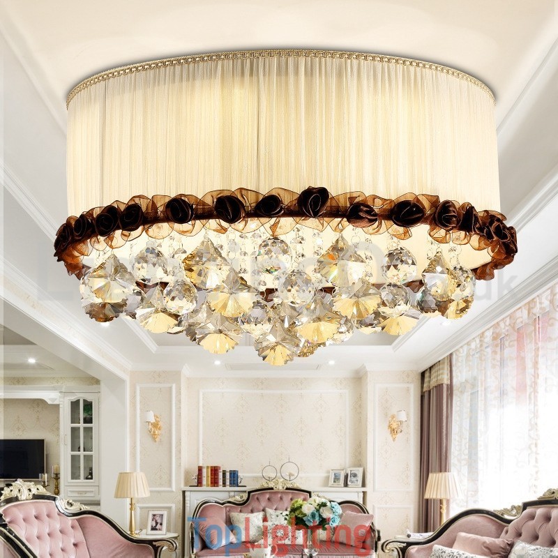 Contemporary Modern 50CM Round Flush Mount Crystal Ceiling Lights Fabric Shade