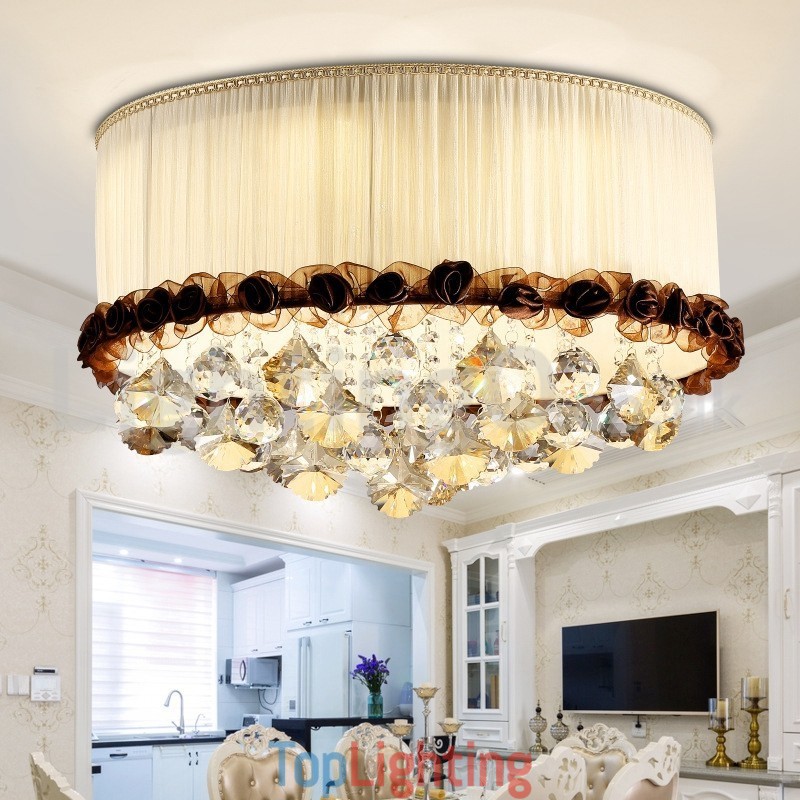 Contemporary Modern 50CM Round Flush Mount Crystal Ceiling Lights Fabric Shade