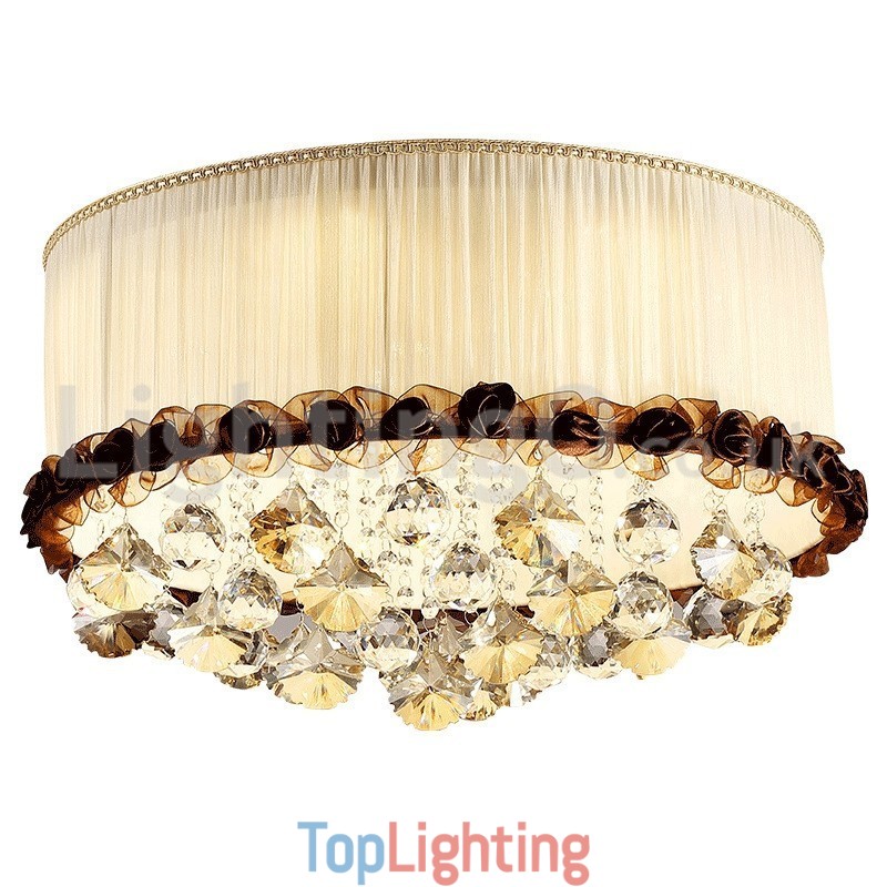 Contemporary Modern 50CM Round Flush Mount Crystal Ceiling Lights Fabric Shade