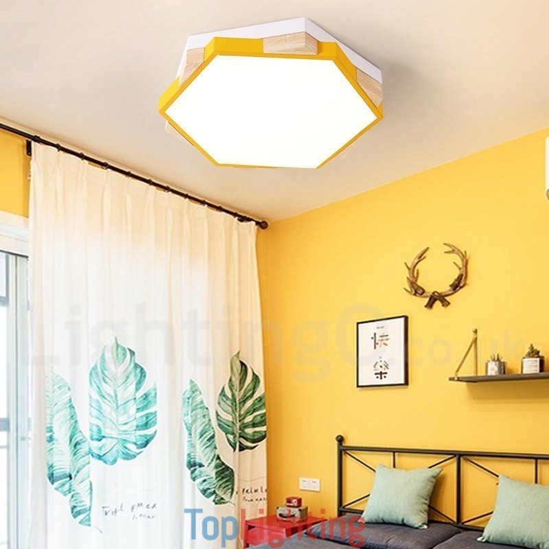Dimmable Multi Colours Hexagon Wood Ceiling Light with Acrylic Shade Ceiling Lamp Nordic Style