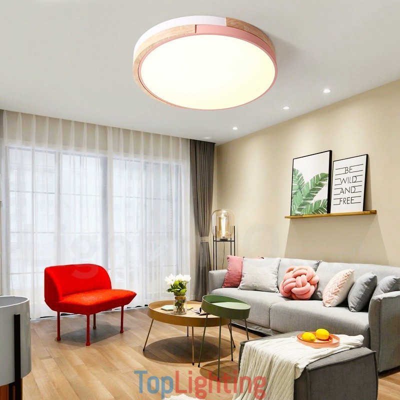 Dimmable Multi Colours Round Wood Ceiling Light with Acrylic Shade Ceiling Lamp Nordic Style
