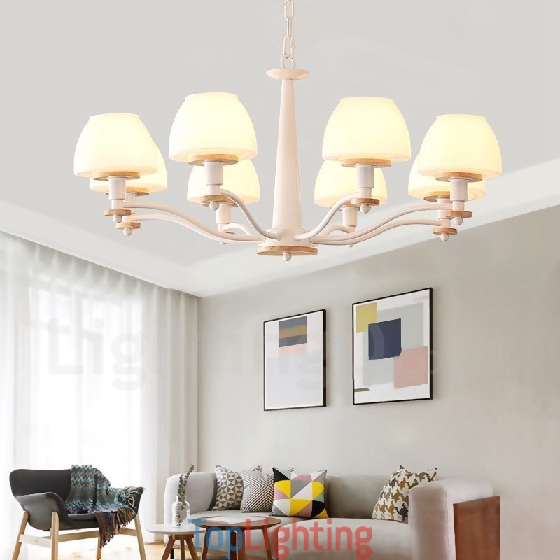 6 Light 8 Light Multi Colours Macaron Wood Pendant Light with Glass Shades Chandelier Nordic Style