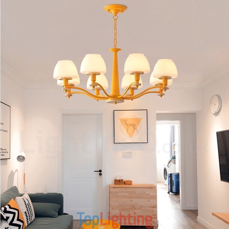 6 Light 8 Light Multi Colours Macaron Wood Pendant Light with Glass Shades Chandelier Nordic Style
