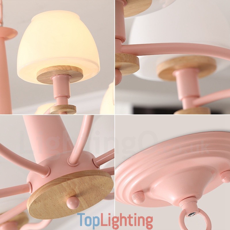 6 Light 8 Light Multi Colours Macaron Wood Pendant Light with Glass Shades Chandelier Nordic Style
