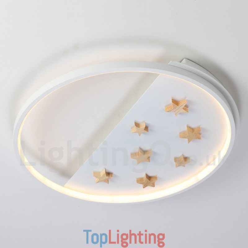 Dimmable White Stars Round Wood Ceiling Light Ultrathin Ceiling Lamp Also Can Be Used As Wall Light