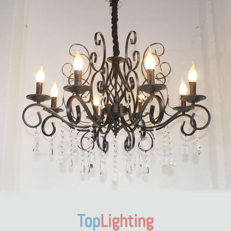 8 Light Crystal Rustic Retro Vintage Black Pendant Candle Chandelier