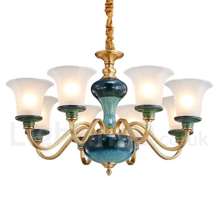 Retro Vintage Brass Ceramics Pendant Candle Chandelier with Glass Shades Retro Vintage Brass Ceramics Pendant Candle Chandelier with Glass Shades