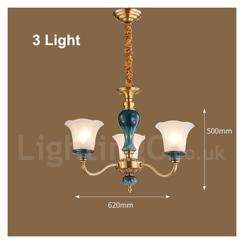 Retro Vintage Brass Ceramics Pendant Candle Chandelier with Glass Shades